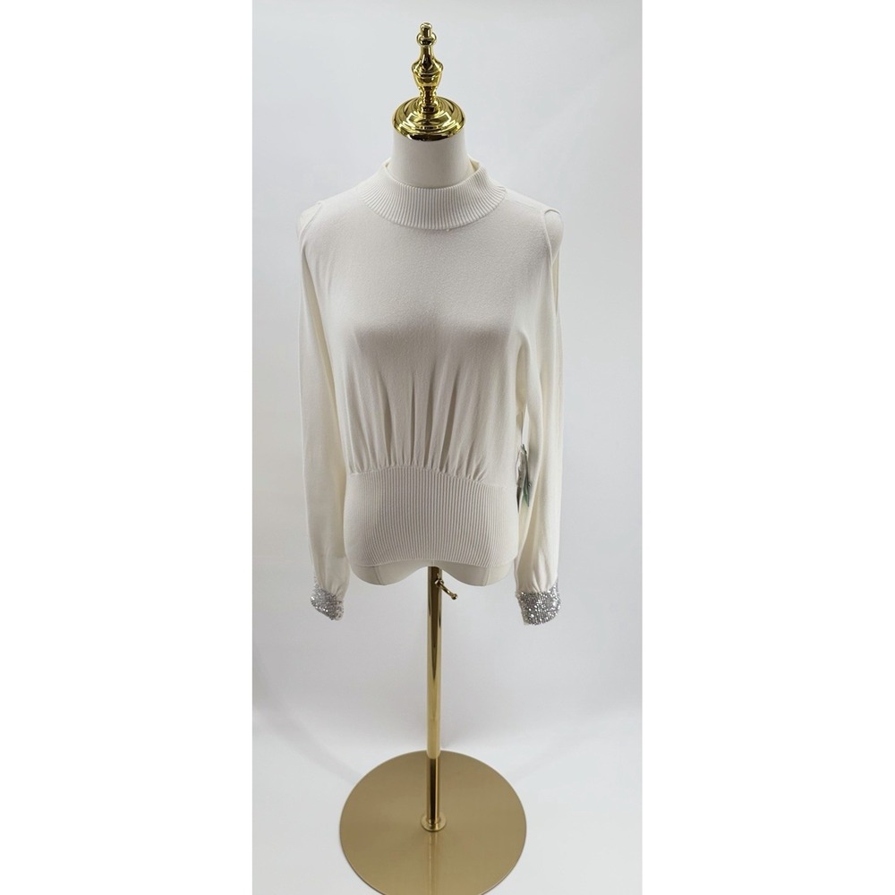Guess Long Sleeve Cold Shoulder with Bling Cuff Dove White Sweater Size Small S